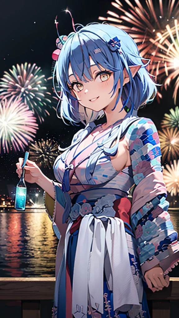 (masterpiece, Highest quality, Super detailed),One girl,((super fine illustration)),((cute eyes,highly detailed skin)),((smile)),((well endowed,Blessed,Captivating body、Detailed Background))、(yukata:1.5),firework,(大量のfirework,Night view,Ocean)、Festivals, (full body)