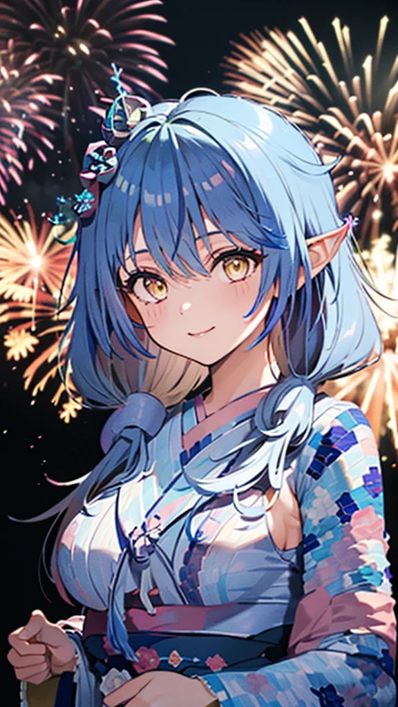 (masterpiece, Highest quality, Super detailed),One girl,((super fine illustration)),((cute eyes,highly detailed skin)),((smile)),((well endowed,Blessed,Captivating body、Detailed Background))、(yukata:1.5),firework,(大量のfirework,Night view,Ocean)、Festivals, (full body)