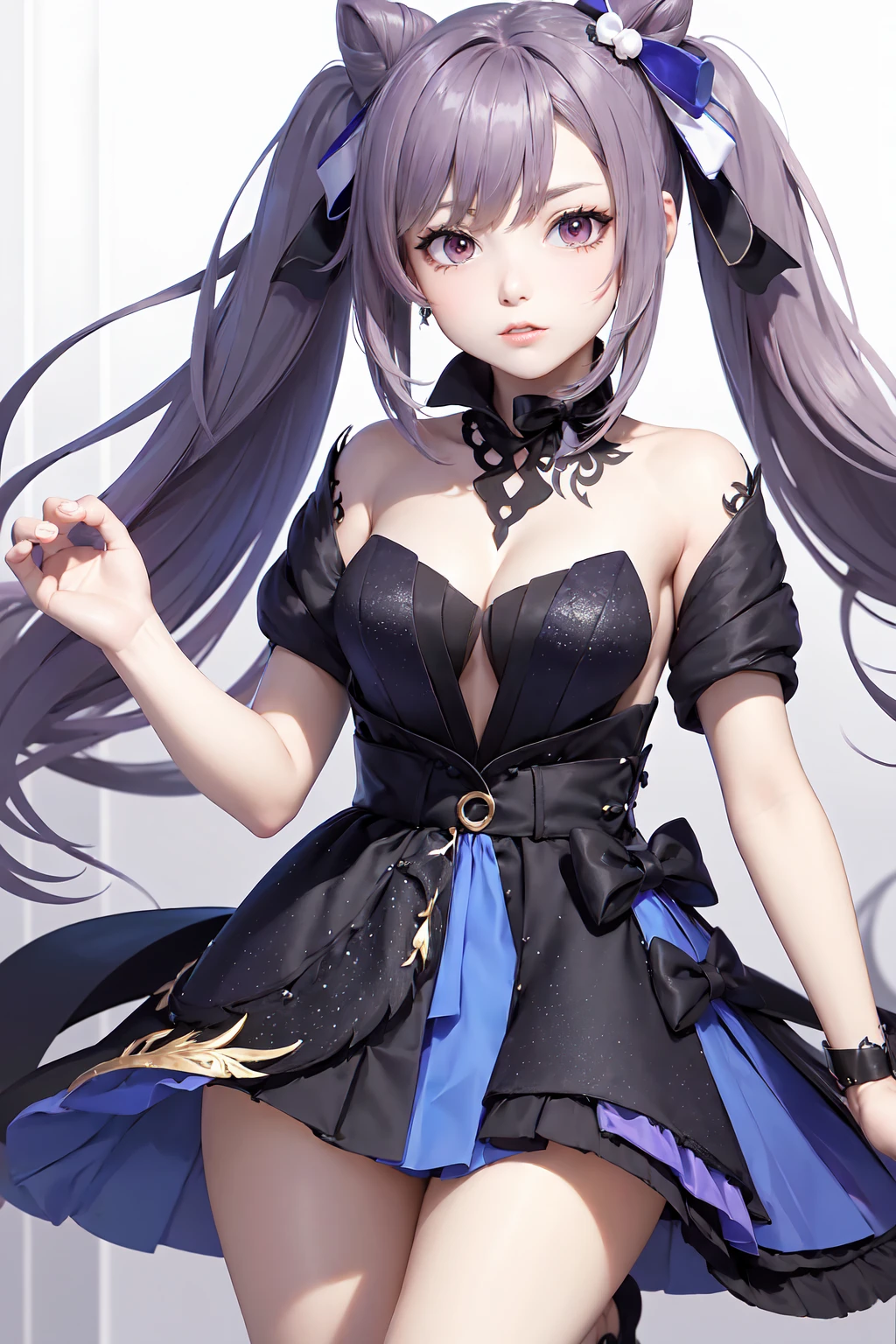 masterpiece, best quality,  absurdres, looking at viewer, solo, keqing (opulent splendor) (genshin impact), official alternate costume, 1girl, keqing (genshin impact), solo, purple hair, dress, long hair, looking at viewer, hair bun, twintails, breasts, bare shoulders, purple eyes, strapless, black dress, bangs, purple nails, strapless dress, cone hair bun, nail polish, ribbon, parted lips, double bun, upper body, diamond-shaped pupils, symbol-shaped pupils, cleavage, bow, black background, hair ribbon, diamond (shape), detached collar, hand up, hair ornament