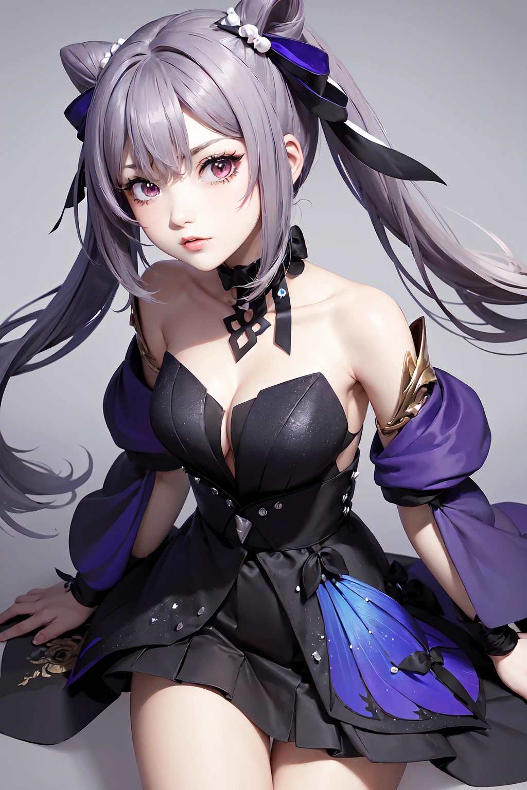 masterpiece, best quality,  absurdres, looking at viewer, solo, keqing (opulent splendor) (genshin impact), official alternate costume, 1girl, keqing (genshin impact), solo, purple hair, dress, long hair, looking at viewer, hair bun, twintails, breasts, bare shoulders, purple eyes, strapless, black dress, bangs, purple nails, strapless dress, cone hair bun, nail polish, ribbon, parted lips, double bun, upper body, diamond-shaped pupils, symbol-shaped pupils, cleavage, bow, black background, hair ribbon, diamond (shape), detached collar, hand up, hair ornament