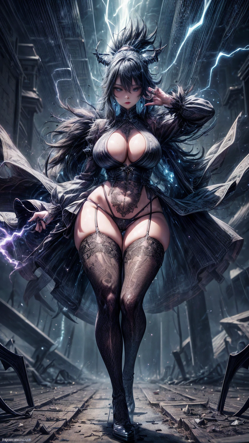 From below, Wind, Full body portrait, bokeh, ((absurdres)) demonic succubus, electrical discharges, lightning from her hands, ((perfect whole body)), action pose, combat stance, ((ultra photorealistic)), Top quality, ((Photorealistic)), ((16k UHD)), High Definition, Unity 8K wallpaper, high res, ultra sharp, ((masterpiece)), best quality, ((intricate details)), busty, curvy hips, sheer lowleg panties (((detailed eyes))), (((perfect face))) (((detailed face))), masterpiece, combat stance with legs spread wide apart, highly detailed exquisite character art, melancholy lighting, (((perfectly detailed anatomy))) (((cinematic light))), ultra-realistic, (((1female))), shaved long white mohawk ,black skin, black complexion, blue eyes, gothic outfit, tattoo's, busty, see-through mesh panties, torn stockings, straddling over the viewer, legs spread wide open, black lips, hoop earrings, superpowers, weather witch, commanding the weather, wind, hail, lightning, clouds, avalanche, rain, thunder, flying, plump lips,