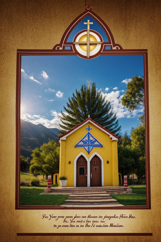 Can you make me a picture of a banner about the theme Youths in mission:beacon of faith and hope with the words 'Santa Lucia Chapel' on it and a quote connected to the theme. Using indigenous or recycled materials
