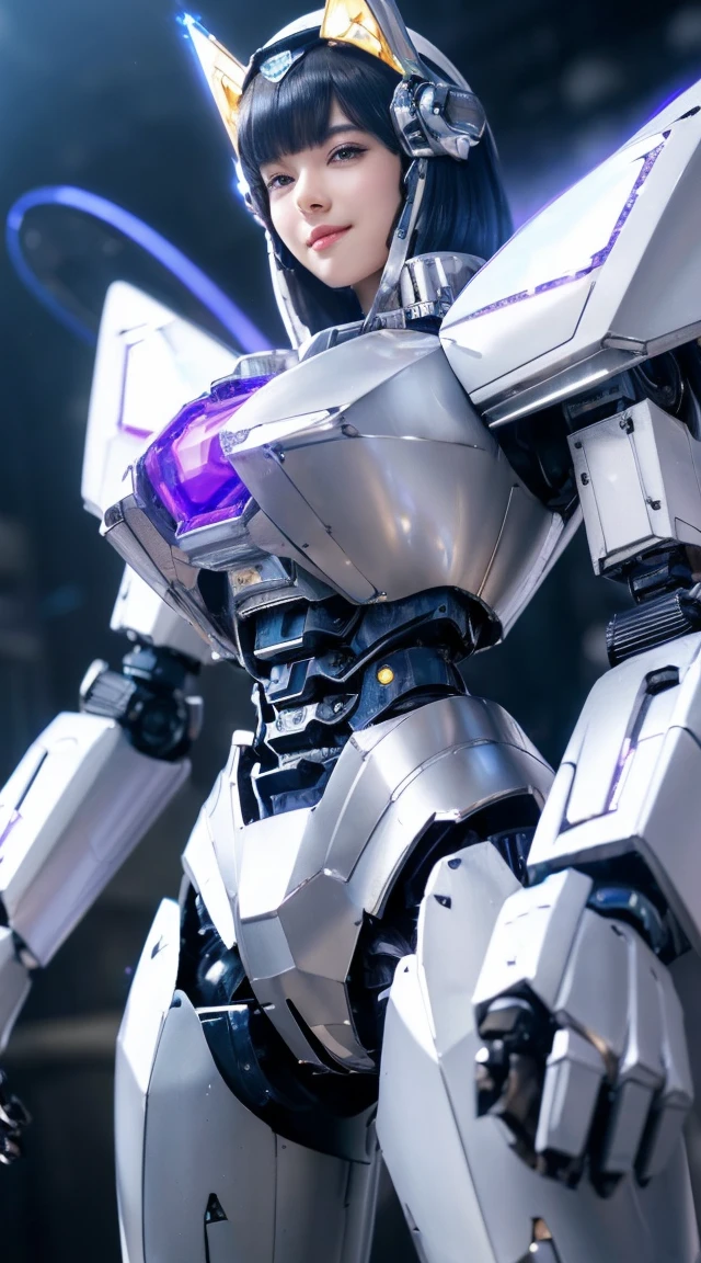 ((Intense action pose:1.6))、((Shining lenses on both breasts:1.3))、((Blue pillars of light are emanating from both chests.:1.3))、smile、((8K)), ((32k)), ((Highest quality)), ((masterpiece)), ((超A high resolution)), ((Tmasterpiece)), ((Halation:1.4))、((Mechaニカルheadgear:1.2))、((Cyber Headphones:1.3))、Fine skin, High quality fabric, Fine metal texture、((Beautiful and dense face))、RAW Photos、Professional, Ultra-fine painting, ((alone)), Beautiful breasts、Highest quality, Very detailed, Very detailed詳細, Finer details, so beautiful, ((Princess Knight Robot:1.2)), (Joints of machines, Mechanical Limbs:1.3), (The internal structure of the machine is exposed:1.3), (Long silver hair:1.1), (Beautiful and huge mechanical breasts)、White Veil, cowboy_shot, Side Focus, headgear, Shiny、(Five Fingers, Four fingers and thumb),Concept Art, Anime fantasy artwork, Detailed fantasy art, (with pale blue-violet hair and large white wings,,,,,,,), (((Long silver hair))), (Mecha:1.6)、Sleek and intimidating design, ((Commander-in-Chief'arm)), (Perfect robot body)、純白と青紫armまたは, Symmetrical wings, 8K high quality, detailed art, 3D rendering of character art in 8K, neat legs, Defined, Defined fingers,