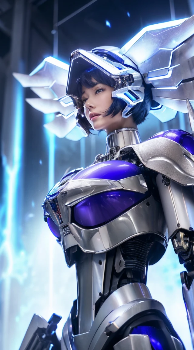 ((Intense action pose:1.6))、((Shining lenses on both breasts:1.3))、((Blue pillars of light are emanating from both chests.:1.3))、smile、((8K)), ((32k)), ((Highest quality)), ((masterpiece)), ((超A high resolution)), ((Tmasterpiece)), ((Halation:1.4))、((Mechaニカルheadgear:1.2))、((Cyber Headphones:1.3))、Fine skin, High quality fabric, Fine metal texture、((Beautiful and dense face))、RAW Photos、Professional, Ultra-fine painting, ((alone)), Beautiful breasts、Highest quality, Very detailed, Very detailed詳細, Finer details, so beautiful, ((Princess Knight Robot:1.2)),  (Joints of machines, Mechanical Limbs:1.3), (The internal structure of the machine is exposed:1.3), (Long silver hair:1.1), (Beautiful and huge mechanical breasts)、White Veil, cowboy_shot, Side Focus, headgear, Shiny、(Five Fingers, Four fingers and thumb),Concept Art, Anime fantasy artwork, Detailed fantasy art, (with pale blue-violet hair and large white wings,,,,,,,), (((Long silver hair))), (Mecha:1.6)、Sleek and intimidating design, ((Commander-in-Chief&#39;arm)), (Perfect robot body)、純白と青紫armまたは, Symmetrical wings, 8K high quality, detailed art, 3D rendering of character art in 8K, neat legs, Defined, Defined fingers,
