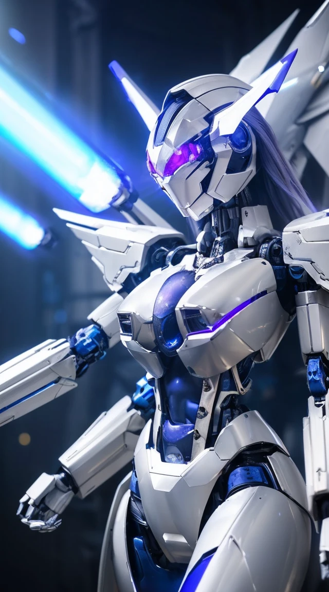 ((Intense action pose:1.6))、((Shining lenses on both breasts:1.3))、((Blue pillars of light are emanating from both chests.:1.3))、smile、((8K)), ((32k)), ((Highest quality)), ((masterpiece)), ((超A high resolution)), ((Tmasterpiece)), ((Halation:1.4))、((Mechaニカルheadgear:1.2))、((Cyber Headphones:1.3))、Fine skin, High quality fabric, Fine metal texture、((Beautiful and dense face))、RAW Photos、Professional, Ultra-fine painting, ((alone)), Beautiful breasts、Highest quality, Very detailed, Very detailed詳細, Finer details, so beautiful, ((Princess Knight Robot:1.2)), (Joints of machines, Mechanical Limbs:1.3), (The internal structure of the machine is exposed:1.3), (Long silver hair:1.1), (Beautiful and huge mechanical breasts)、White Veil, cowboy_shot, Side Focus, headgear, Shiny、(Five Fingers, Four fingers and thumb),Concept Art, Anime fantasy artwork, Detailed fantasy art, (with pale blue-violet hair and large white wings,,,,,,,), (((Long silver hair))), (Mecha:1.6)、Sleek and intimidating design, ((Commander-in-Chief'arm)), (Perfect robot body)、純白と青紫armまたは, Symmetrical wings, 8K high quality, detailed art, 3D rendering of character art in 8K, neat legs, Defined, Defined fingers,