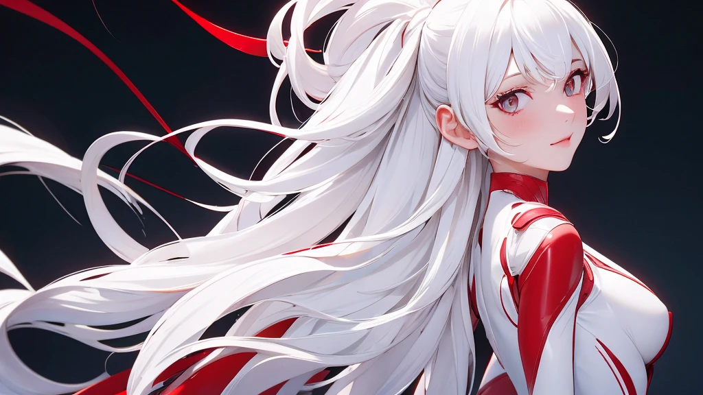 1 Girl, medium light white hair, light white eyes, wearing Red Suit 4D , night TOWN 18+, high res, ultrasharp, 8K, masterpiece, looking from behind