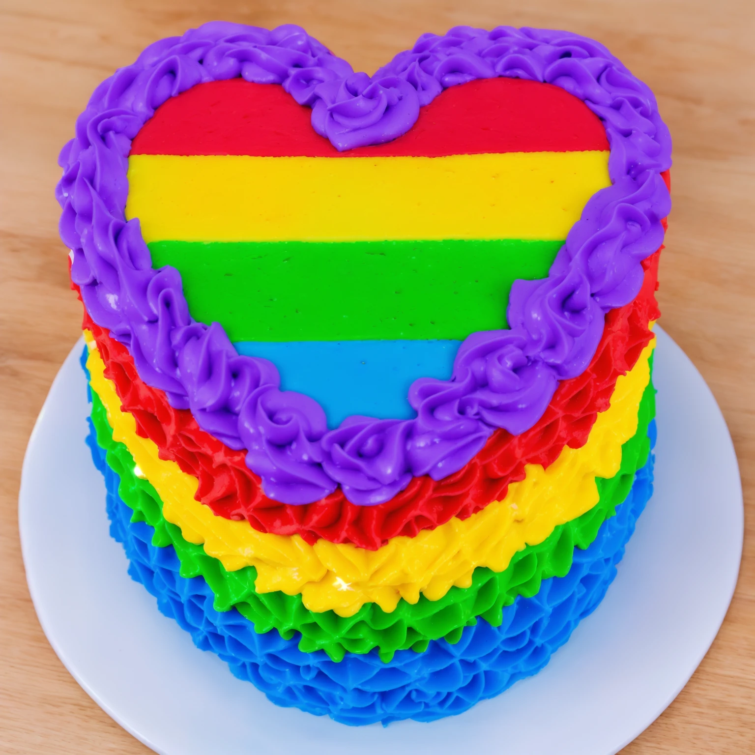 on a wooden table, there is a white plate with a heart cake , rainbow cream heart cake ( star shaped) , красный крем star shaped, желтый кремstar shaped, зеленый крем star shaped, голубой крем star shaped, multi-colored heart on top, decorated with purple cream, cream with highlights, view from above, Beautiful light from the window, beautiful lighting, bright announcement, Multiple light sources, Realistic style, realistic textures, high quality, high detail, detailed textures, ultra 4k hd, macro photography