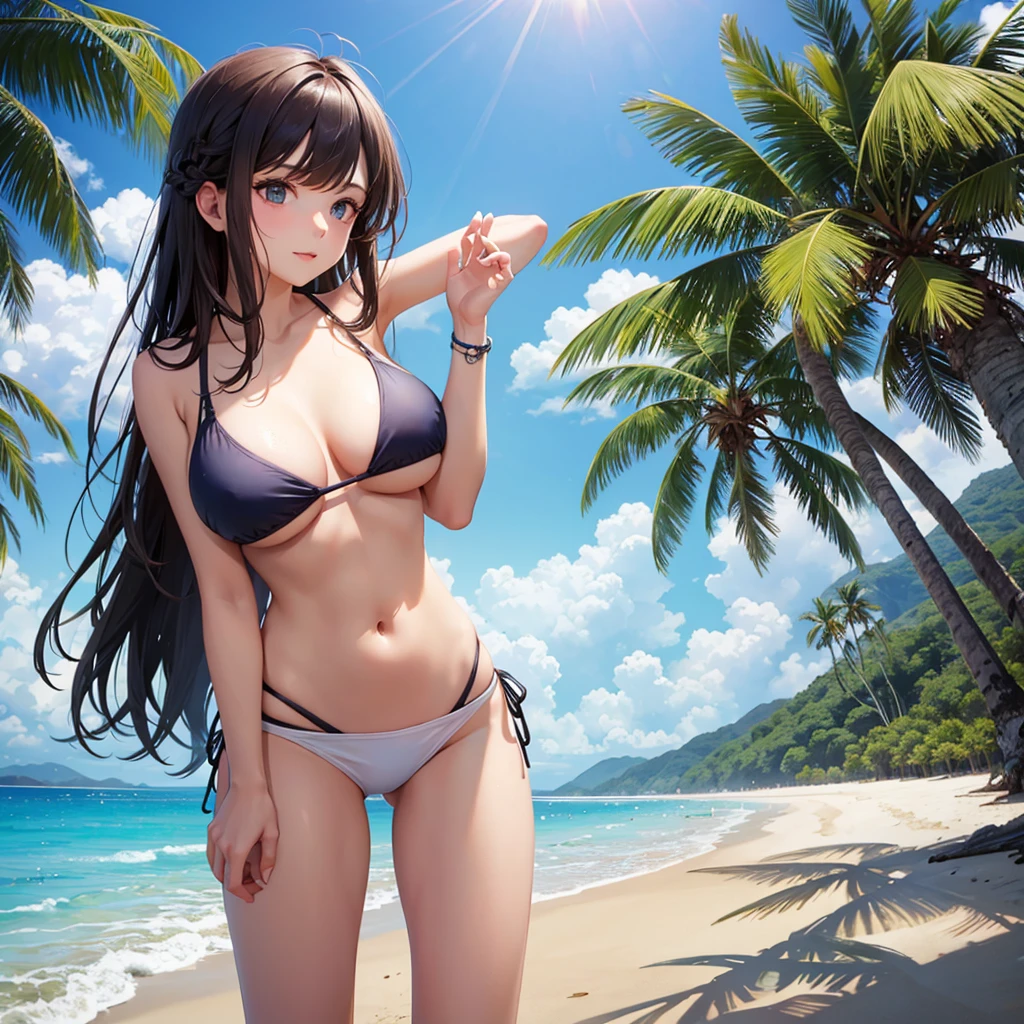 a one woman, without bikini, at beach,