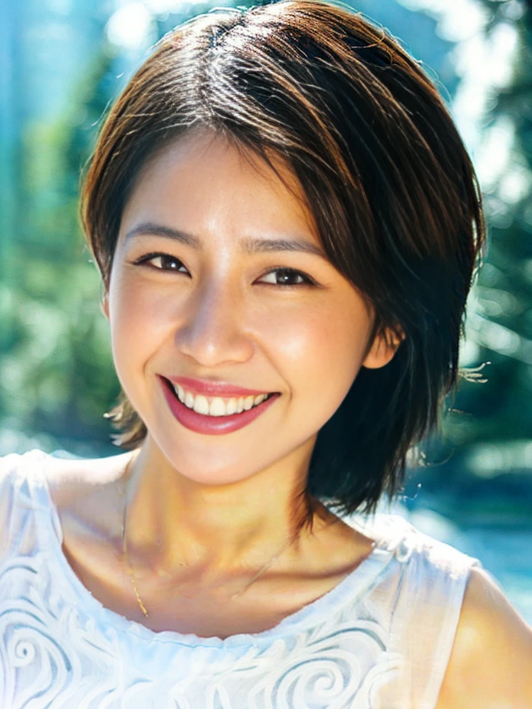 最high quality, masterpiece, High resolution, 1 personの女の子,1 person、Swimwear,Beautiful Face,Realistic, Rim Light,,(Skin with attention to detail:1.2), 8K Ultra HD, Soft lighting, high quality, High resolution, 4K, 8K, Big Breasts、Natural smile、hot spring、delicate、Small waist、sticking forward、積の小さいSwimwear、Big Eyes