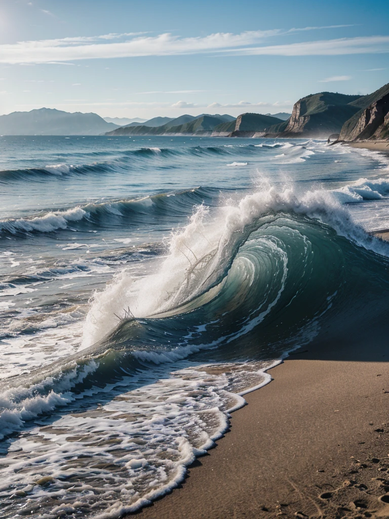 Realistic photo of the sea, gentle waves, sand, mountain, blue sky, photo, great quality, hyper detailed
