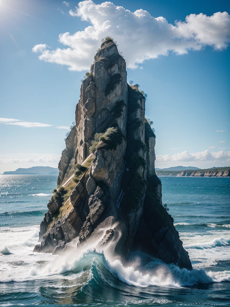 Realistic photo of the sea, gentle waves, sand, mountain, blue sky, photo, great quality, hyper detailed