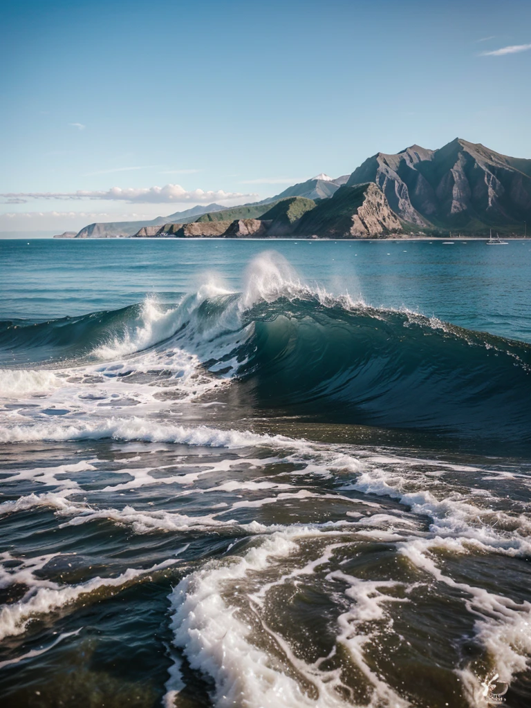 Realistic photo of the sea, gentle waves, sand, mountain, blue sky, photo, great quality, hyper detailed