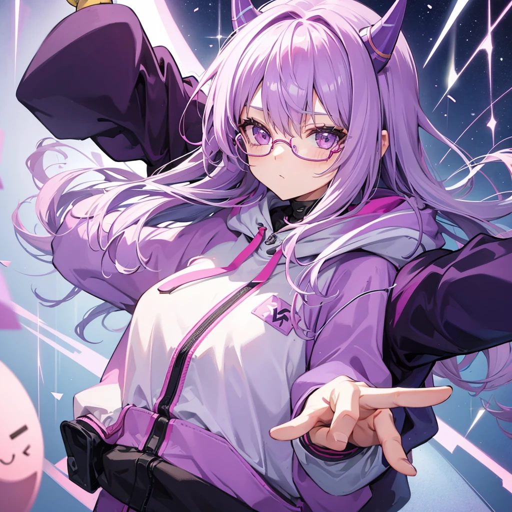 A girl with light purple hair and pink glasses and a hoody and small horns