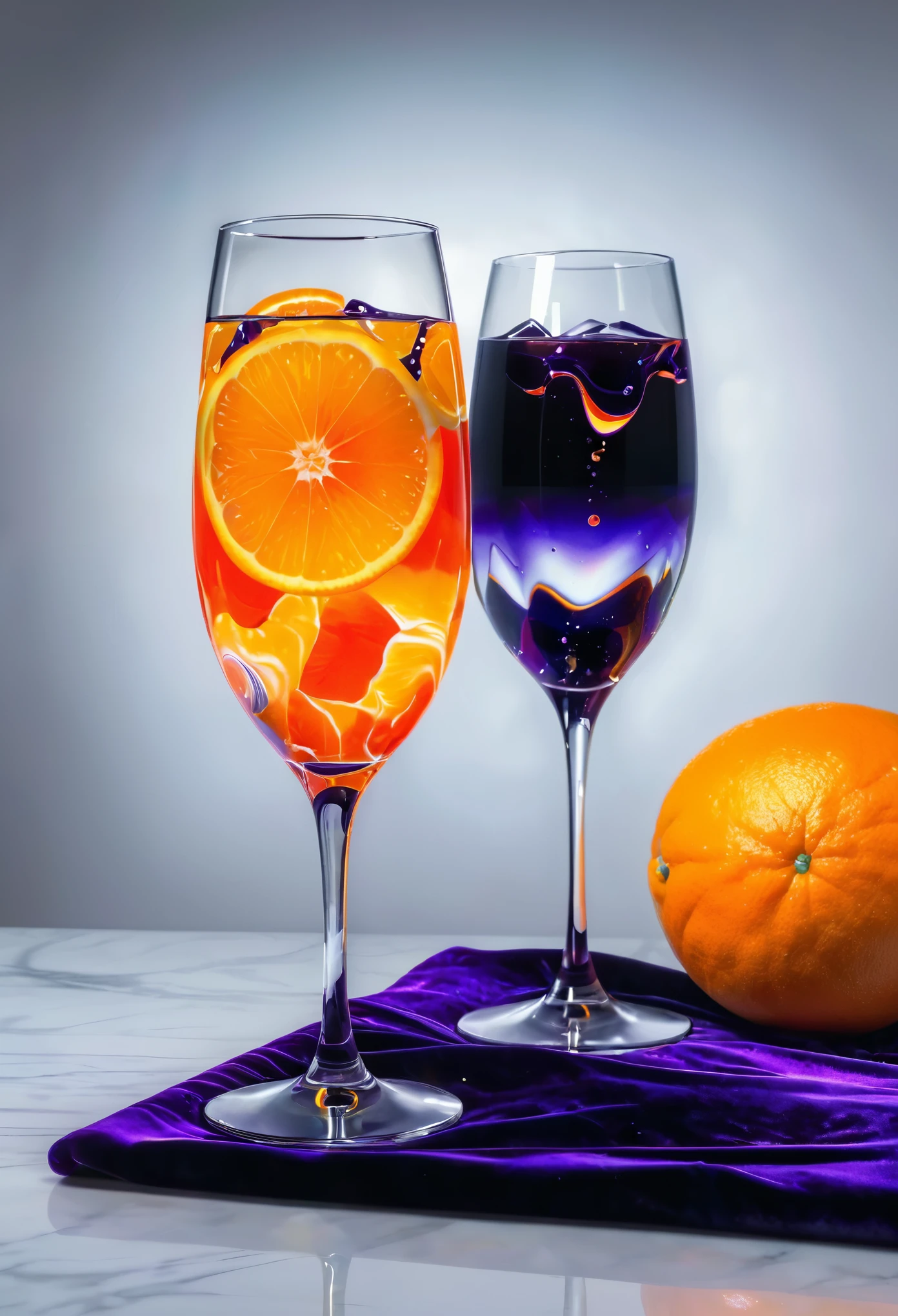 surreal glass shape, liquid glass, chromatic aberration, broken prism, refraction, light caustics, detailed illustration , oranges on a white marble table, deep purple velvet drapes, 8k, photography style,2 glasses with orange bioluminescent fluid in them, on a white marble table, bioluminescent, colorfull, glow,