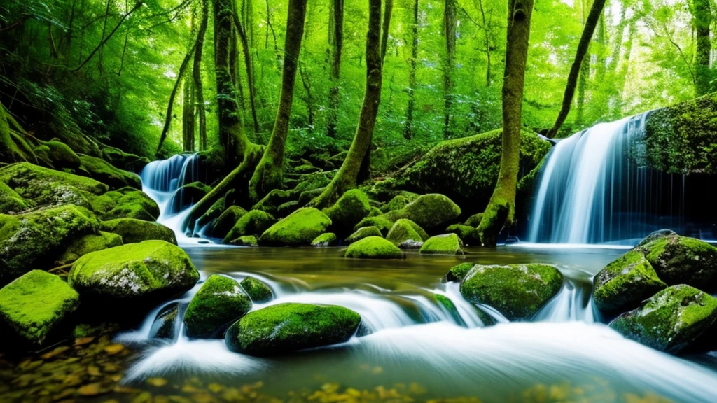 Professional photography, highest resolution DSLR camera Maximum details Perfect shadow, 16K image, flowing water, stream, green trees, beautiful falling flowers, romantic.