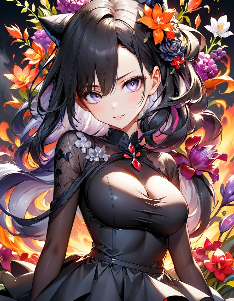 ódio no olhar Exquisite and charming anime style illustration, android 18 Naruto fusão com Vegeta dark sexy big tits Venom fire in the orquídeas flower black fire black bed, a beautiful girl with withe black dark devil hair, silver eyes, half body, hiding in the flowers dark black , colorful and dazzling black . Intricate details, rendering and painting techniques come together to create a mesmerizing scene that evokes elegance and otherworldly elegance.