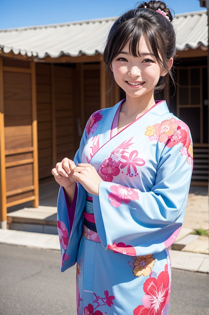 A beautiful smiling woman in a kimono greets people with a cheerful "Good morning" as her arms open under the blue sky
