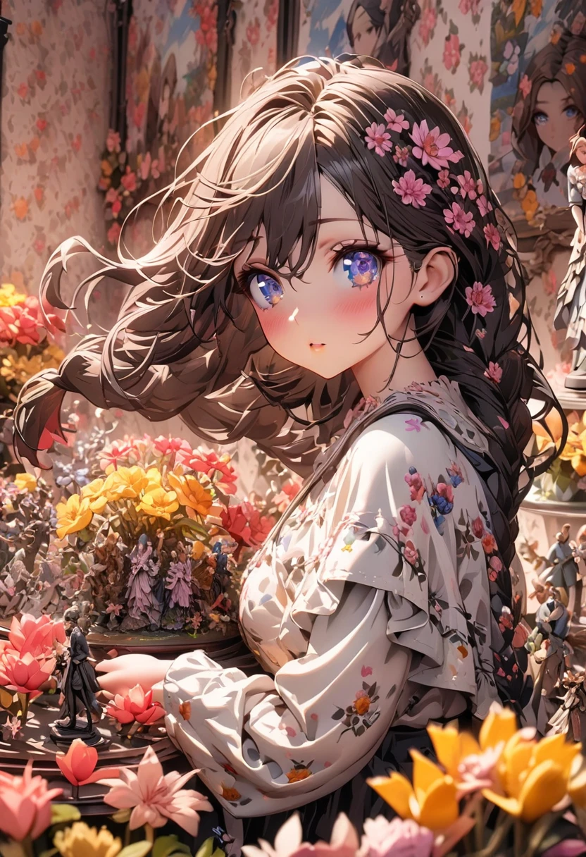 Tabletop, Highest quality,figure, wallpaper, Super detailed, Absurd beauty、1 beautiful girl、 (Medium shortcuts、Short braided hair), Very detailed beautiful eyes , Hair blowing in the wind、Keep your head small、Flower Field、great outdoors、Flower Garden Scenery