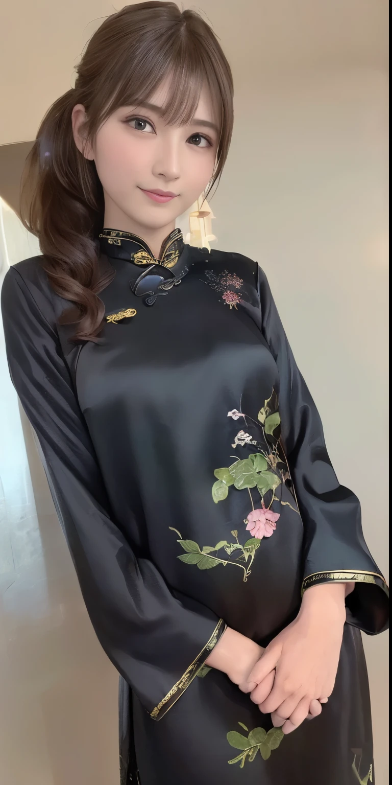 best masterpiece、Highest quality、shape、Very detailed、High resolution、8K wallpaper、Perfect dynamic shape、Beautiful and detailed、Natural color lip, Random Sexy pose,A very kind smile、17-year-old girl、cute、expensive、(Highest quality:1.3)、(masterpiece:1.3)、(The Very detailed:1.3)、(wallpaper, One Girl:1.1)、(Delicate hands and fingers:1.2)、(Detailed super oily shiny skin:1.1)、Beautiful and lustrous thighs、(Traditional black mini cheongsam:1.7)、(Large, saggy and firm breasts:1.4)、slender body shape、Brown hair head、(Stable expression:1.5)、((Random hairstyles for medium length hair:1.3))、Beautiful sister、(Model standing pose from the front:1.4)、Sexy pose、(((Simple Background:1.6)))、((A very beautiful smile:1.1))、(Beautiful double eyelids:1.3)、Looking at the camera、Pelvic expanse、Perfect lighting、