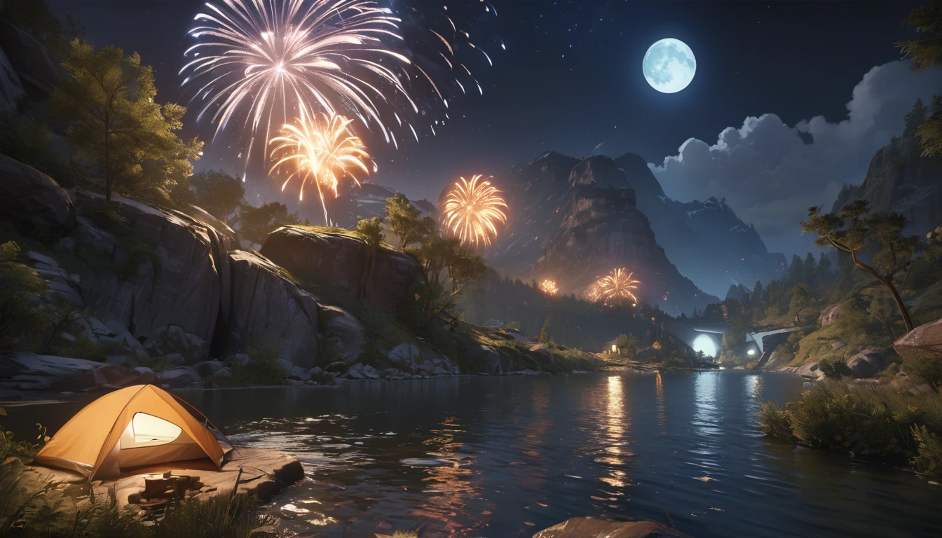 night、river、firework、moon、Warm light source、wood々、16K, uhd, Unreal Engine, award winning, highest quality, ultra-high definition, Realistic, masterpiece, Photorealism, fantastic, digital art, uninhabited, concept art, exaggerated artistic expression, accurate, cinematic unrealistic style concept art, highly detailed, anatomically correct, super detail, textured skin, The size of the artifact is a realistic size balance compared to other objects around it,