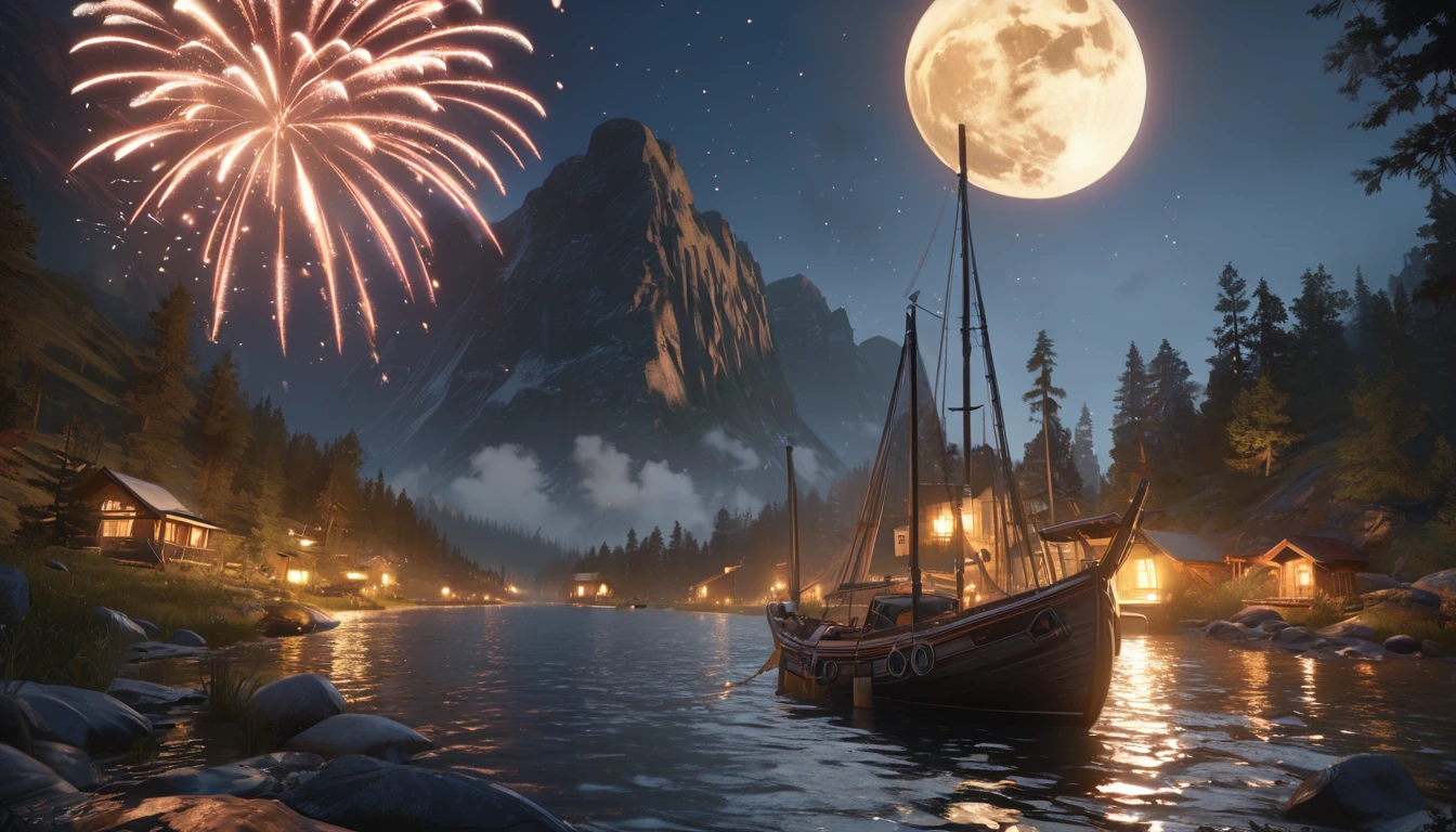 night、river、firework、moon、Warm light source、wood々、16K, uhd, Unreal Engine, award winning, highest quality, ultra-high definition, Realistic, masterpiece, Photorealism, fantastic, digital art, uninhabited, concept art, exaggerated artistic expression, accurate, cinematic unrealistic style concept art, highly detailed, anatomically correct, super detail, textured skin, The size of the artifact is a realistic size balance compared to other objects around it,