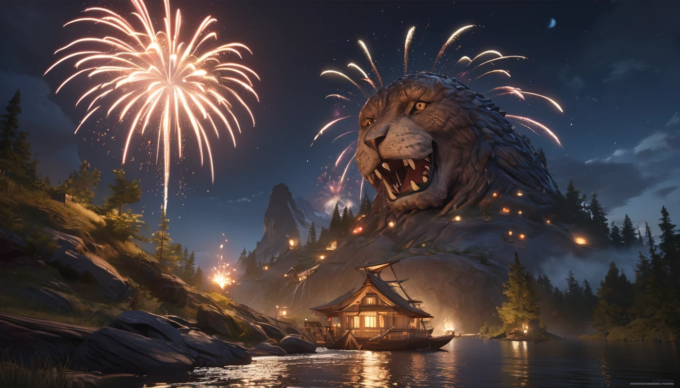 night、river、firework、moon、Warm light source、wood々、16K, uhd, Unreal Engine, award winning, highest quality, ultra-high definition, Realistic, masterpiece, Photorealism, fantastic, digital art, uninhabited, concept art, exaggerated artistic expression, accurate, cinematic unrealistic style concept art, highly detailed, anatomically correct, super detail, textured skin, The size of the artifact is a realistic size balance compared to other objects around it,