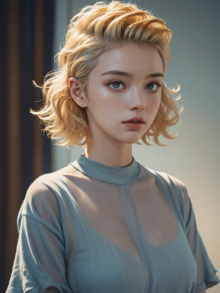 a 20 yo woman, blonde, Curly hair, (hi-top fade:1.3), dark theme, soothing tones, muted colors, high contrast, (natural skin texture, hyperrealism, soft light, sharp), exposure blend, medium shot, bokeh, (hdr:1.4), high contrast, (cinematic, teal and orange:0.85), (muted colors, dim colors, soothing tones:1.3), low saturation, (hyperdetailed:1.2), (noir:0.4),