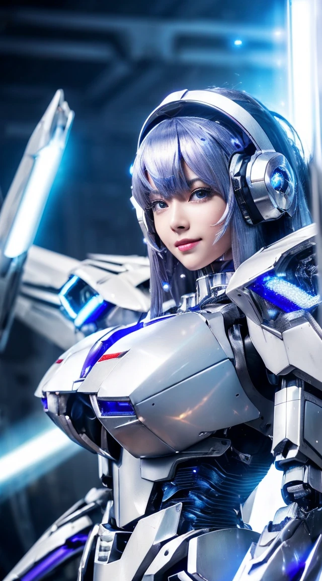 ((Intense action pose:1.6))、((Shining lenses on both breasts:1.3))、((Blue pillars of light are emanating from both chests.:1.3))、smile、((8K)), ((32k)), ((Highest quality)), ((masterpiece)), ((超A high resolution)), ((Tmasterpiece)), ((Halation:1.4))、((Mechaニカルheadgear:1.2))、((Cyber Headphones:1.3))、Fine skin, High quality fabric, Fine metal texture、((Beautiful and dense face))、RAW Photos、Professional, Ultra-fine painting, ((alone)), Beautiful breasts、Highest quality, Very detailed, Very detailed詳細, Finer details, so beautiful, ((Princess Knight Robot:1.2)),  (Joints of machines, Mechanical Limbs:1.3), (The internal structure of the machine is exposed:1.3), (Long silver hair:1.1), (Beautiful and huge mechanical breasts)、White Veil, cowboy_shot, Side Focus, headgear, Shiny、(Five Fingers, Four fingers and thumb),Concept Art, Anime fantasy artwork, Detailed fantasy art, (with pale blue-violet hair and large white wings,,,,,,,), (((Long silver hair))), (Mecha:1.6)、Sleek and intimidating design, ((Commander-in-Chief&#39;arm)), (Perfect robot body)、純白と青紫armまたは, Symmetrical wings, 8K high quality, detailed art, 3D rendering of character art in 8K, neat legs, Defined, Defined fingers,