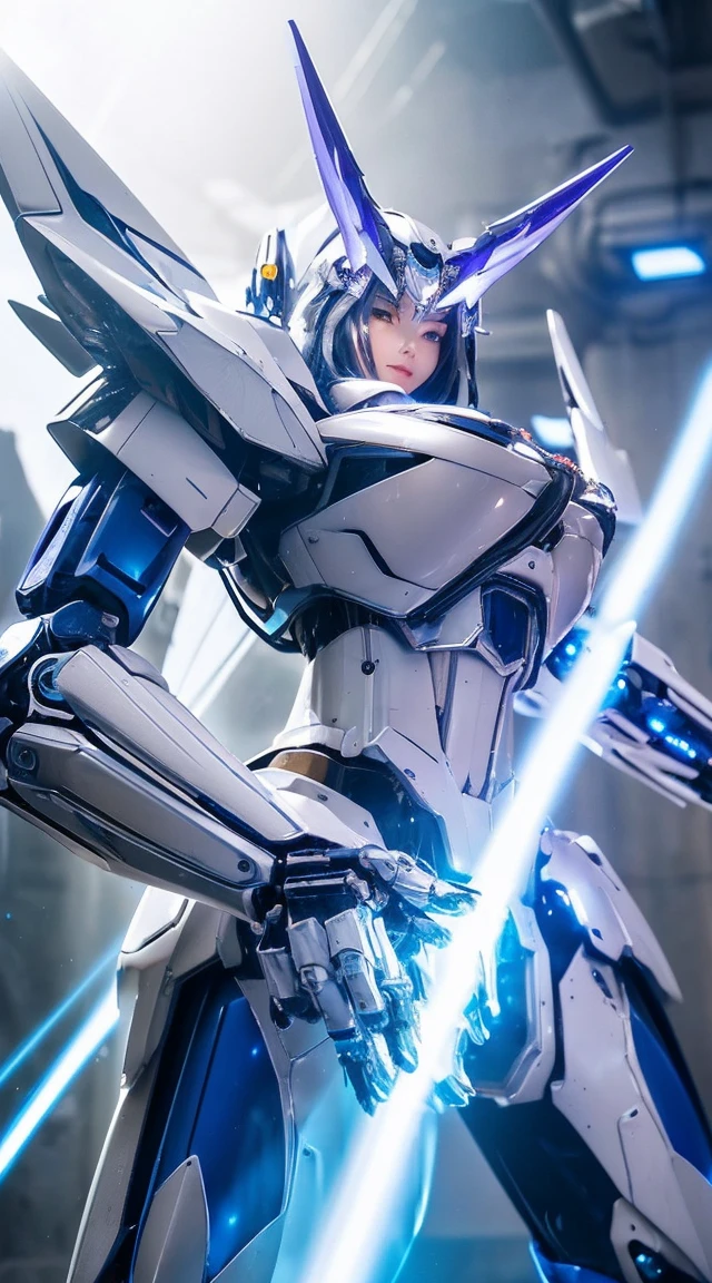 ((Intense action pose:1.6))、((Shining lenses on both breasts:1.3))、((Blue pillars of light are emanating from both chests.:1.3))、smile、((8K)), ((32k)), ((Highest quality)), ((masterpiece)), ((超A high resolution)), ((Tmasterpiece)), ((Halation:1.4))、((Mechaニカルheadgear:1.2))、((Cyber Headphones:1.3))、Fine skin, High quality fabric, Fine metal texture、((Beautiful and dense face))、RAW Photos、Professional, Ultra-fine painting, ((alone)), Beautiful breasts、Highest quality, Very detailed, Very detailed詳細, Finer details, so beautiful, ((Princess Knight Robot:1.2)),  (Joints of machines, Mechanical Limbs:1.3), (The internal structure of the machine is exposed:1.3), (Long silver hair:1.1), (Beautiful and huge mechanical breasts)、White Veil, cowboy_shot, Side Focus, headgear, Shiny、(Five Fingers, Four fingers and thumb),Concept Art, Anime fantasy artwork, Detailed fantasy art, (with pale blue-violet hair and large white wings,,,,,,,), (((Long silver hair))), (Mecha:1.6)、Sleek and intimidating design, ((Commander-in-Chief&#39;arm)), (Perfect robot body)、純白と青紫armまたは, Symmetrical wings, 8K high quality, detailed art, 3D rendering of character art in 8K, neat legs, Defined, Defined fingers,