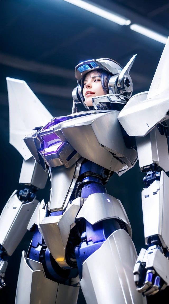 ((Intense action pose:1.6))、((Shining lenses on both breasts:1.3))、((Blue pillars of light are emanating from both chests.:1.3))、smile、((8K)), ((32k)), ((Highest quality)), ((masterpiece)), ((超A high resolution)), ((Tmasterpiece)), ((Halation:1.4))、((Mechaニカルheadgear:1.2))、((Cyber Headphones:1.3))、Fine skin, High quality fabric, Fine metal texture、((Beautiful and dense face))、RAW Photos、Professional, Ultra-fine painting, ((alone)), Beautiful breasts、Highest quality, Very detailed, Very detailed詳細, Finer details, so beautiful, ((Princess Knight Robot:1.2)), (Joints of machines, Mechanical Limbs:1.3), (The internal structure of the machine is exposed:1.3), (Long silver hair:1.1), (Beautiful and huge mechanical breasts)、White Veil, cowboy_shot, Side Focus, headgear, Shiny、(Five Fingers, Four fingers and thumb),Concept Art, Anime fantasy artwork, Detailed fantasy art, (with pale blue-violet hair and large white wings,,,,,,,), (((Long silver hair))), (Mecha:1.6)、Sleek and intimidating design, ((Commander-in-Chief'arm)), (Perfect robot body)、純白と青紫armまたは, Symmetrical wings, 8K high quality, detailed art, 3D rendering of character art in 8K, neat legs, Defined, Defined fingers,