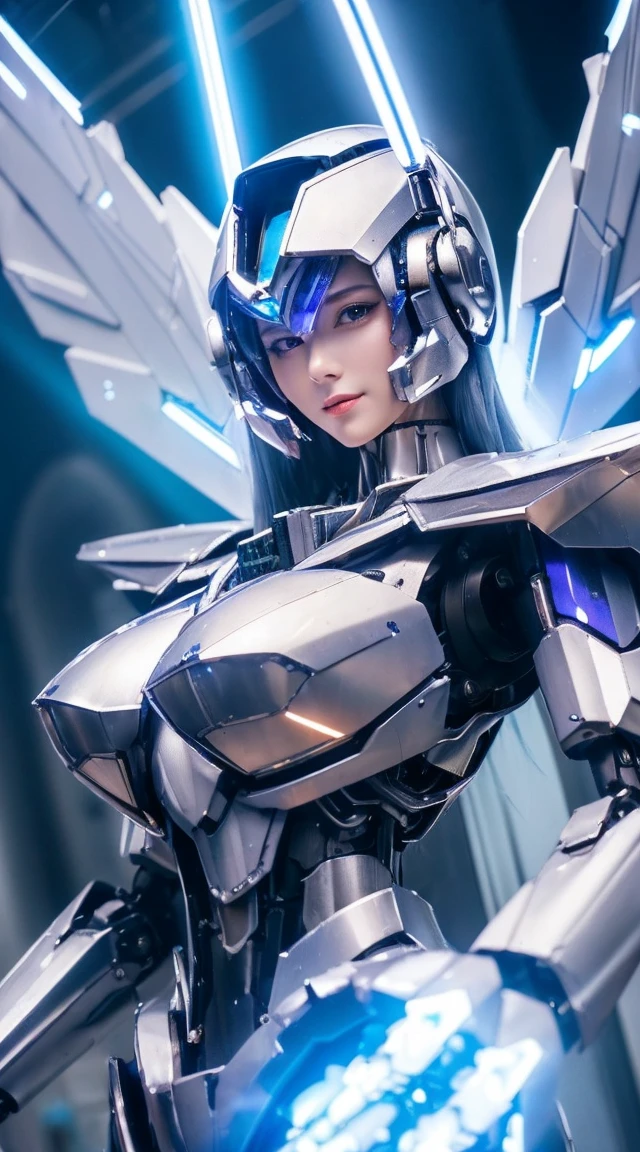 ((Intense action pose:1.6))、((Shining lenses on both breasts:1.3))、((Blue pillars of light are emanating from both chests.:1.3))、smile、((8K)), ((32k)), ((Highest quality)), ((masterpiece)), ((超A high resolution)), ((Tmasterpiece)), ((Halation:1.4))、((Mechaニカルheadgear:1.2))、((Cyber Headphones:1.3))、Fine skin, High quality fabric, Fine metal texture、((Beautiful and dense face))、RAW Photos、Professional, Ultra-fine painting, ((alone)), Beautiful breasts、Highest quality, Very detailed, Very detailed詳細, Finer details, so beautiful, ((Princess Knight Robot:1.2)), (Joints of machines, Mechanical Limbs:1.3), (The internal structure of the machine is exposed:1.3), (Long silver hair:1.1), (Beautiful and huge mechanical breasts)、White Veil, cowboy_shot, Side Focus, headgear, Shiny、(Five Fingers, Four fingers and thumb),Concept Art, Anime fantasy artwork, Detailed fantasy art, (with pale blue-violet hair and large white wings,,,,,,,), (((Long silver hair))), (Mecha:1.6)、Sleek and intimidating design, ((Commander-in-Chief'arm)), (Perfect robot body)、純白と青紫armまたは, Symmetrical wings, 8K high quality, detailed art, 3D rendering of character art in 8K, neat legs, Defined, Defined fingers,