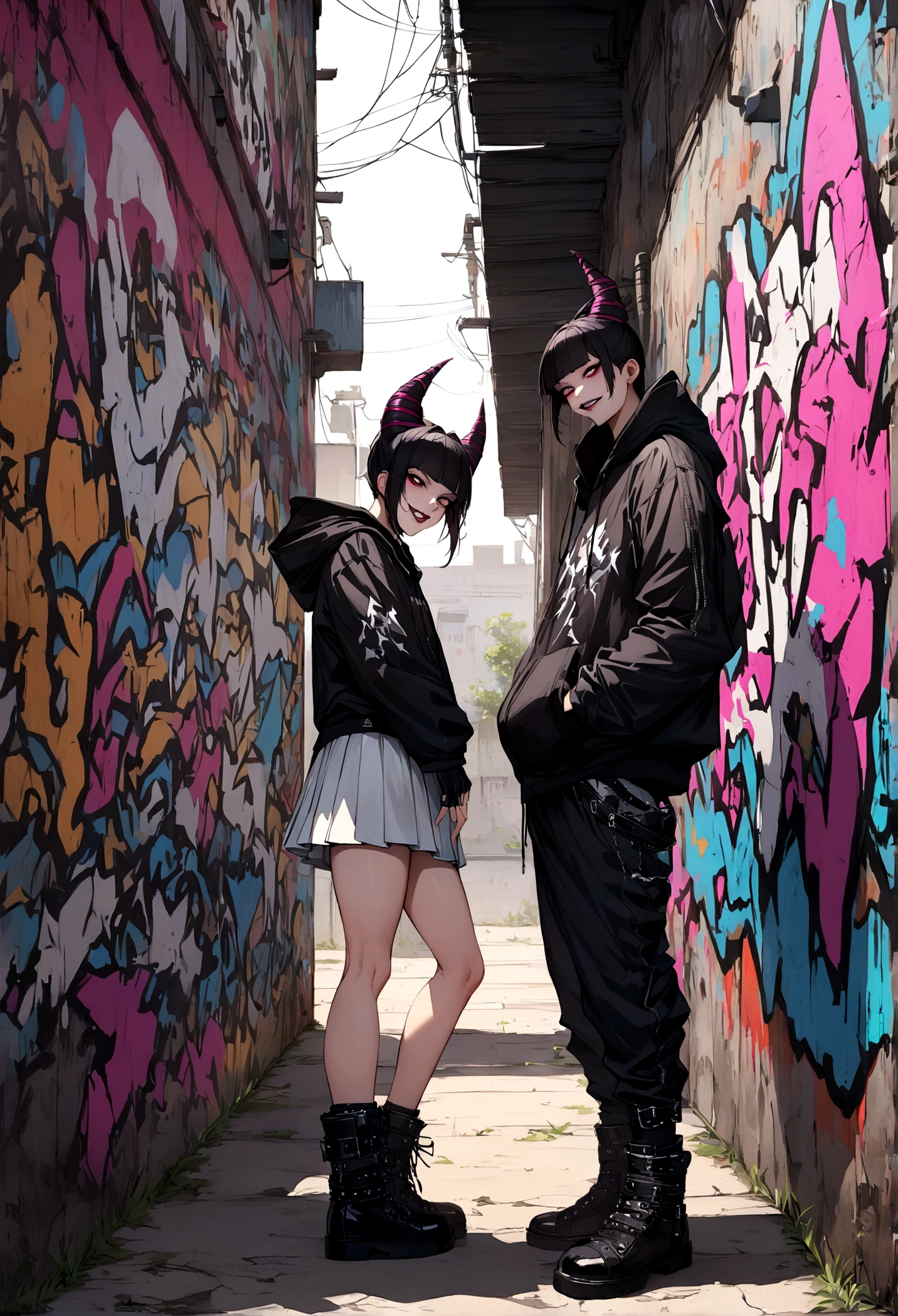 juri han, work of art, black hair, hair horns, black alan walker hoodie,white miniskirt, black punk boots, black fingerless gloves,evil smile, graffiti