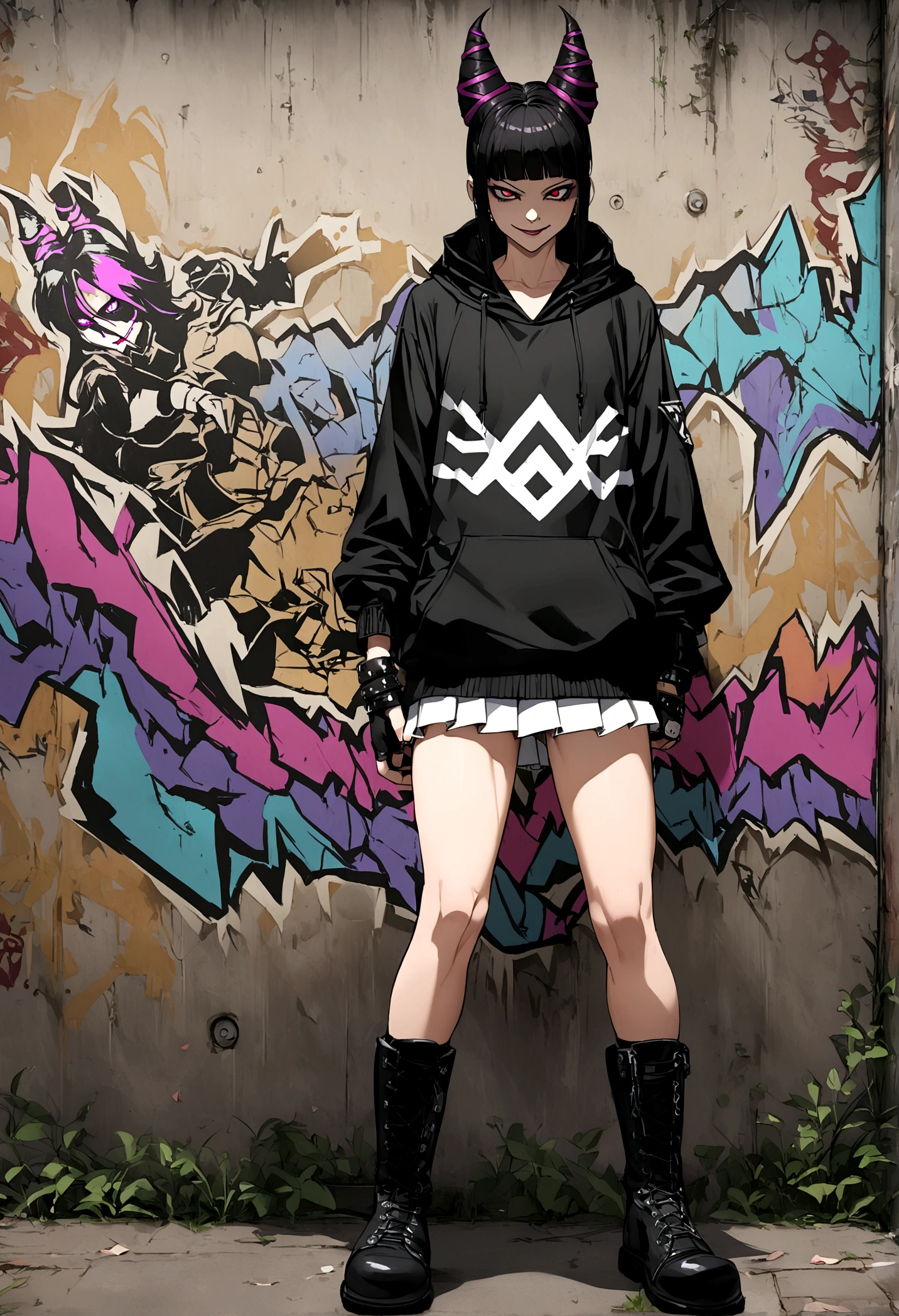 juri han, work of art, black hair, hair horns, black alan walker hoodie,white miniskirt, black punk boots, black fingerless gloves,evil smile, graffiti