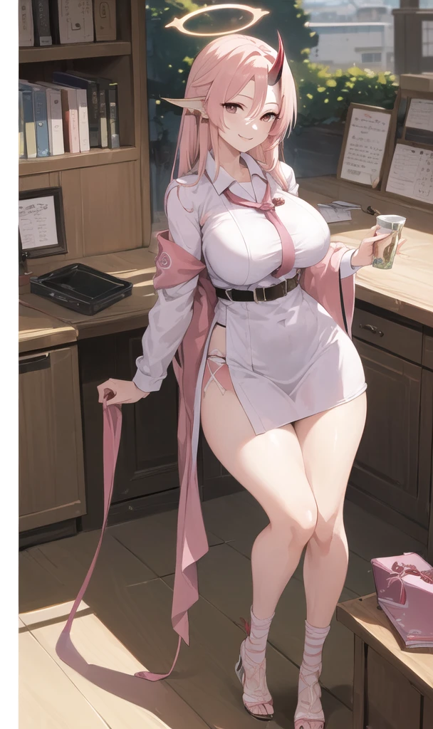 ((masterpiece, best quality)), (1girl),((mature female)), lightpink hair, halo, horn, (( lady tsunade )),bangs,middle breast,(busty),slim,smile, [wide hips],office,standing, aru \(blue archive\),