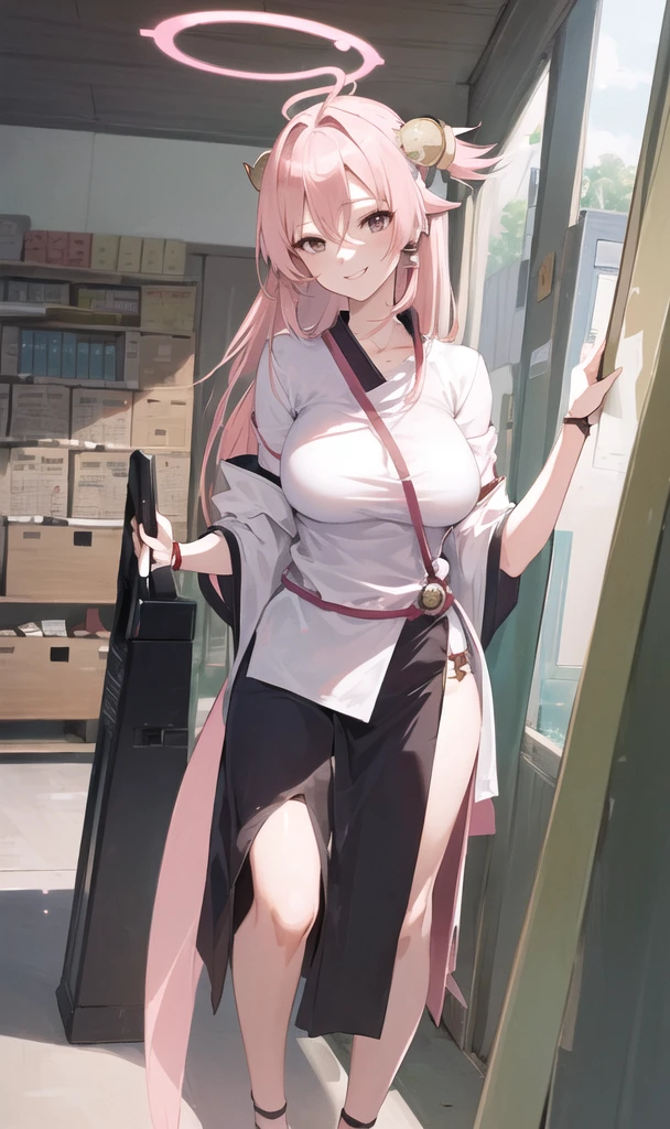 ((masterpiece, best quality)), (1girl),((mature female)), lightpink hair, halo, horn, (( lady tsunade )),bangs,middle breast,(busty),slim,smile, [wide hips],office,standing, aru \(blue archive\),