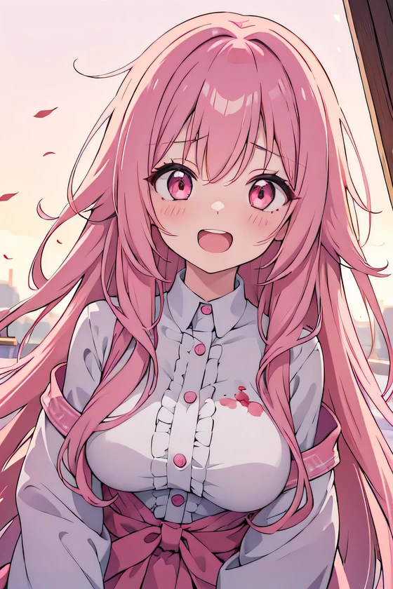girl, cute anime girl, laughing, open mouth, beautiful hair style, pink hair, long hair, messy hair, big eyes, pink eyes, big tits, blushing, girl, blood on face