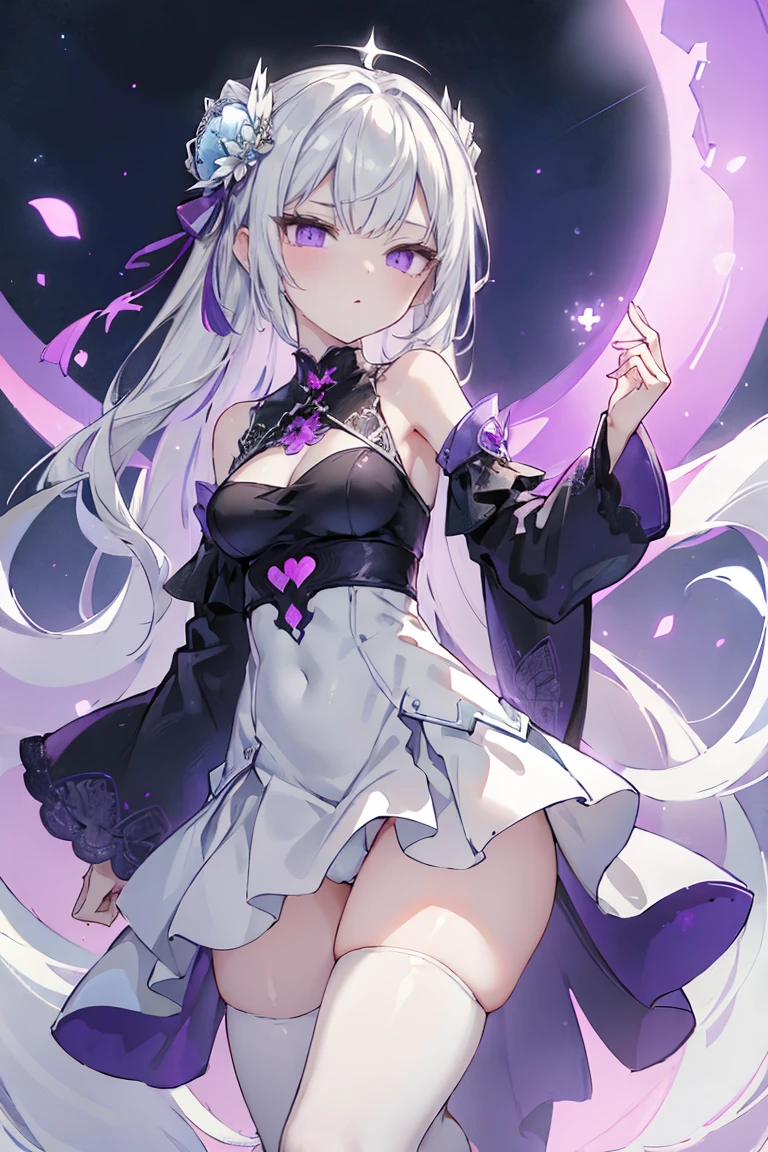 1girl, アニメ, cute girl, blank background, white background, fantasy, detailed fantasy dress with highlights, beautiful face, beautiful eyes, dark colors, black hair with multicolor streaks, red eye with different color pupil in eye, multicolor eye, medium breasts, slight cleavage, beautiful skin, cute, breast curtains, extremely delicate and beautiful, (beautiful detailed face:1.0), (detailed deep eyes), symmetrical breasts, deep eyes, shiny skin, portrait, slender waist, hips wider than shoulders, thighs, expressionless, young girl, luminous eyes, adorable,(Kpop idol),(aegyo sal:1),(Platinum blonde hair:1),((puffy eye)),Black panty,sexy posture,Superskirt, Ultra-high resolution,Black collar,slim figure, Abdominal y tattoo, womb tattoo,Tight-fitting leg ring,y tattoo on half-body,Bare skin, Armored hand,Hidden fingertips,Hand covered,Arm covered,Fist covered,{{beautiful detailed fingers}}, tufts of hair, moderate beautiful breast:1.0,(masterpiece:1.2), best quality, high-res, HDR, perfect face, intricate armor, delicate blue filigree, intricate filigree, red metalic parts, detailed part, dynamic pose, dynamic lights, cute face, neutral expression, shuimobysim, lotus, Hanfu, maxi skirt, dress conservatively 1girl, 独奏, long blue hair, standing, One lady,14years,((White hair) ,(Shiny purple bodysuit with microskirt),((Fantasy, Moon Night)), gradient_eyes,