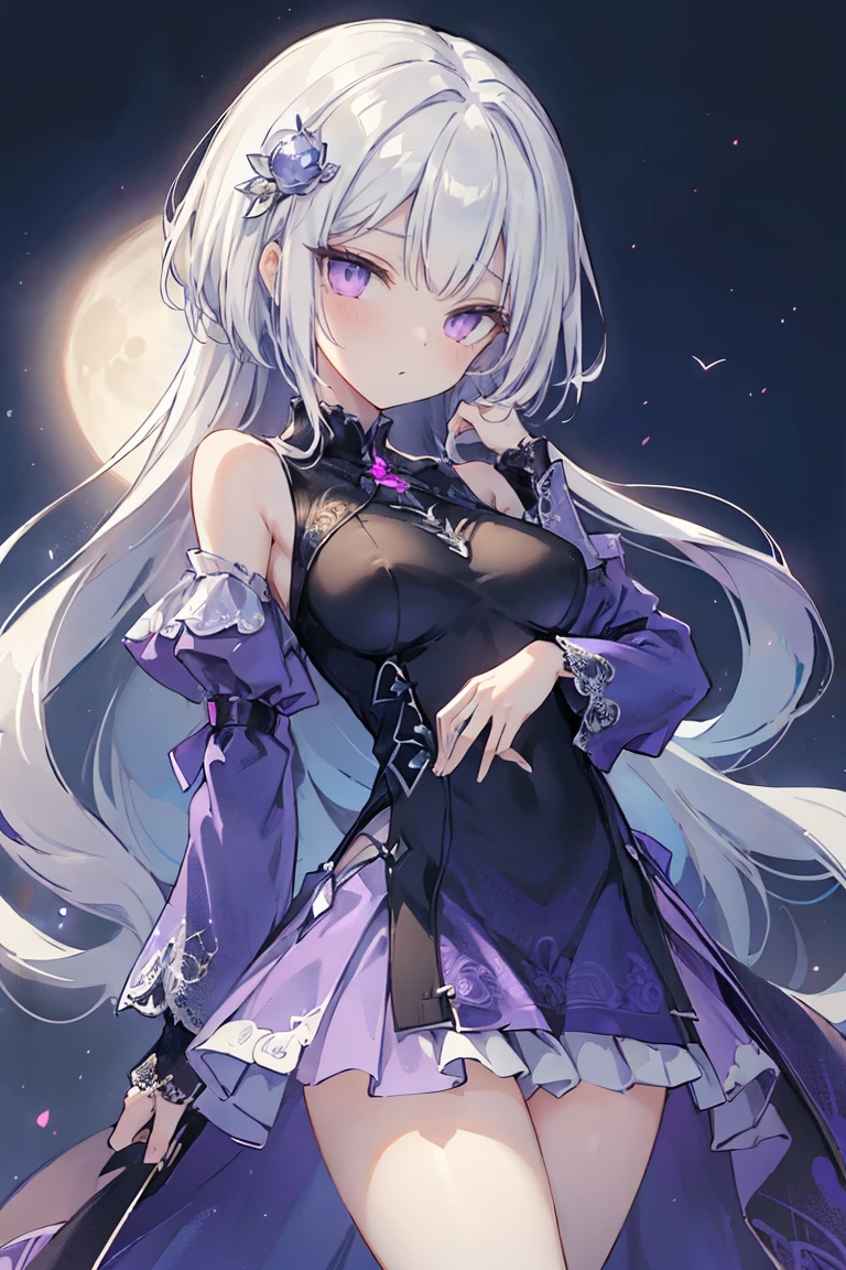 1girl, アニメ, cute girl, blank background, white background, fantasy, detailed fantasy dress with highlights, beautiful face, beautiful eyes, dark colors, black hair with multicolor streaks, red eye with different color pupil in eye, multicolor eye, medium breasts, slight cleavage, beautiful skin, cute, breast curtains, extremely delicate and beautiful, (beautiful detailed face:1.0), (detailed deep eyes), symmetrical breasts, deep eyes, shiny skin, portrait, slender waist, hips wider than shoulders, thighs, expressionless, young girl, luminous eyes, adorable，（Kpop idol）,（aegyo sal：1），（Platinum blonde hair：1），（（puffy eye）），Black panty，sexy posture，Superskirt, Ultra-high resolution，Black collar，slim figure, Abdominal y tattoo, womb tattoo，Tight-fitting leg ring，y tattoo on half-body，Bare skin, Armored hand，Hidden fingertips，Hand covered，Arm covered，Fist covered,{{beautiful detailed fingers}}, tufts of hair, moderate beautiful breast:1.0,(masterpiece:1.2), best quality, high-res, HDR, perfect face, intricate armor, delicate blue filigree, intricate filigree, red metalic parts, detailed part, dynamic pose, dynamic lights, cute face, neutral expression, shuimobysim, lotus, Hanfu, maxi skirt, dress conservatively 1girl, 独奏, long blue hair, standing, One lady,ars,((White hair) ,(Shiny purple bodysuit with microskirt),((Fantasy, Moon Night)), gradient_eyes,