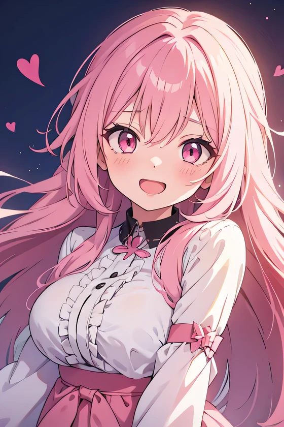 girl, cute anime girl, laughing, open mouth, beautiful hair style, pink hair, long hair, messy hair, big eyes, pink eyes, big tits, blushing, girl
