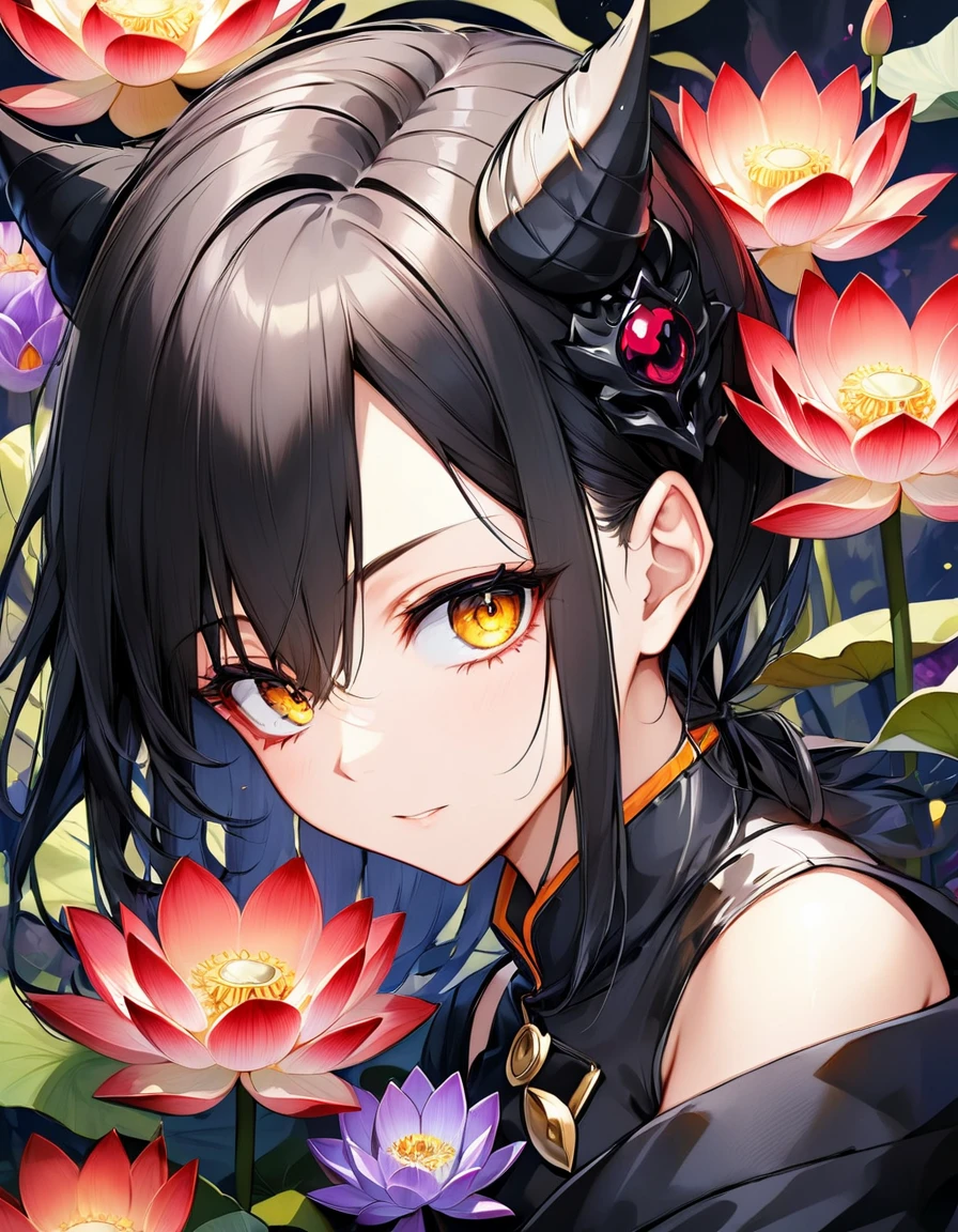 ódio no olhar Exquisite and charming anime style illustration, android 18 Naruto fusão com Vegeta dark Venom fire in the lotus flower black fire black bed, a beautiful girl with withe black dark devil hair, gold eyes, half body, hiding in the flowers dark black , colorful and dazzling black . Intricate details, rendering and painting techniques come together to create a mesmerizing scene that evokes elegance and otherworldly elegance.