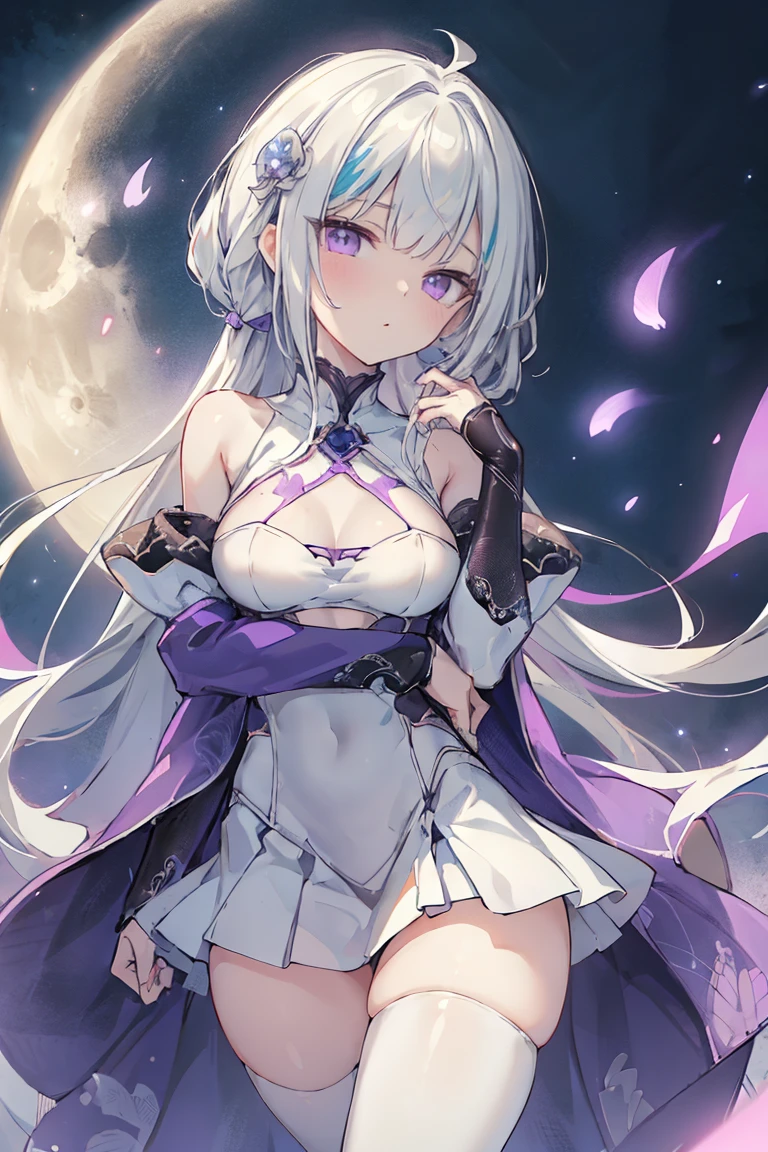 1girl, アニメ, cute girl, blank background, white background, fantasy, detailed fantasy dress with highlights, beautiful face, beautiful eyes, dark colors, black hair with multicolor streaks, red eye with different color pupil in eye, multicolor eye, medium breasts, slight cleavage, beautiful skin, cute, breast curtains, extremely delicate and beautiful, (beautiful detailed face:1.0), (detailed deep eyes), symmetrical breasts, deep eyes, shiny skin, portrait, slender waist, hips wider than shoulders, thighs, expressionless, young girl, luminous eyes, adorable,(Kpop idol),(aegyo sal:1),(Platinum blonde hair:1),((puffy eye)),Black panty,sexy posture,Superskirt, Ultra-high resolution,Black collar,slim figure, Abdominal y tattoo, womb tattoo,Tight-fitting leg ring,y tattoo on half-body,Bare skin, Armored hand,Hidden fingertips,Hand covered,Arm covered,Fist covered,{{beautiful detailed fingers}}, tufts of hair, moderate beautiful breast:1.0,(masterpiece:1.2), best quality, high-res, HDR, perfect face, intricate armor, delicate blue filigree, intricate filigree, red metalic parts, detailed part, dynamic pose, dynamic lights, cute face, neutral expression, shuimobysim, lotus, Hanfu, maxi skirt, dress conservatively 1girl, 独奏, long blue hair, standing, One lady,14years,((White hair) ,(Shiny purple bodysuit with microskirt),((Fantasy, Moon Night)), gradient_eyes,