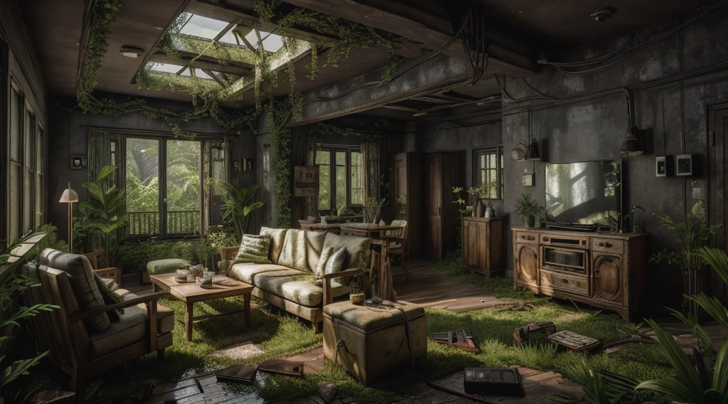 8K, Realistic, truth, High resolution, 6000K, Black Radio, living room, Overgrown SZ_4po environment