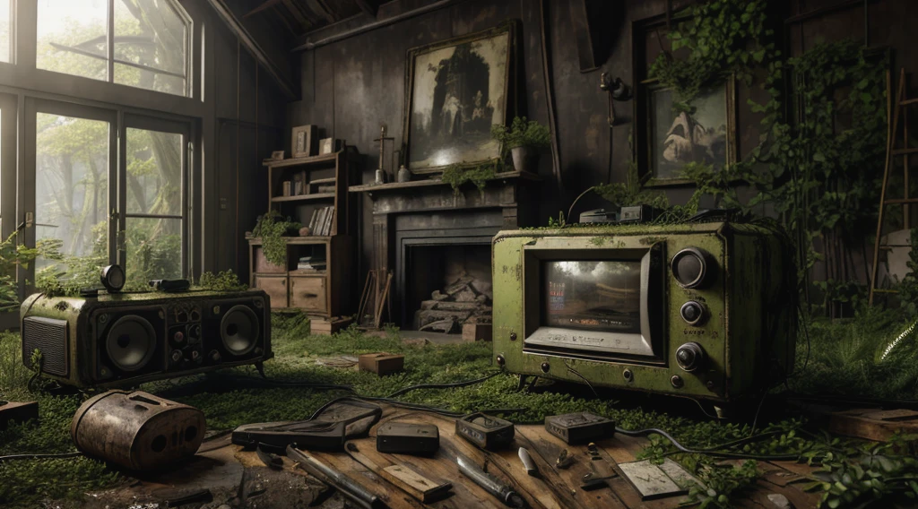 8K, Realistic, truth, High resolution, 6000K, Black Radio, living room, Overgrown SZ_4po environment