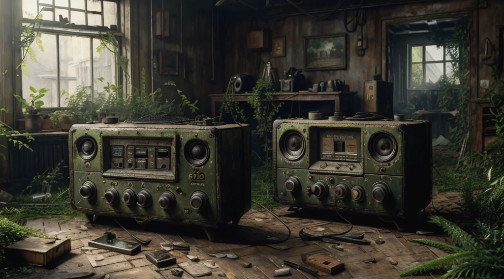 8K, Realistic, truth, High resolution, 6000K, Black Radio, living room, Overgrown SZ_4po environment
