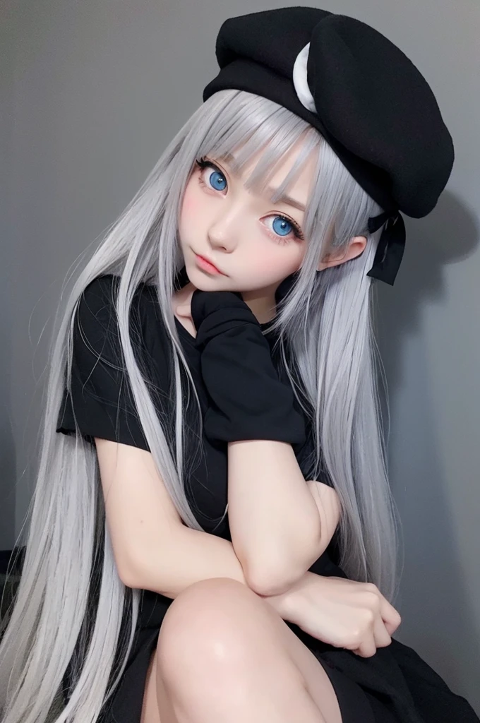 Anime style girl character、。Cat ears and cat tail、Long flowing grey hair、Big Blue Eyes。Expressionless、tilting your head。Black beret、What to wear、Black ribbon on head。naked