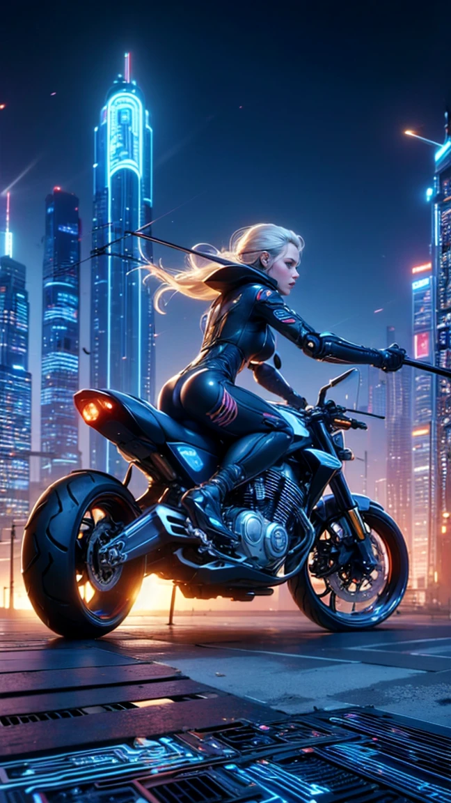 top quality, future world, State-of-the-art robot, Beautiful Woman archer holding bow by hand, flying hair, Transformed into a cyborg except for the face, sexy images, whole body photo, ((Motorcycle, bike))