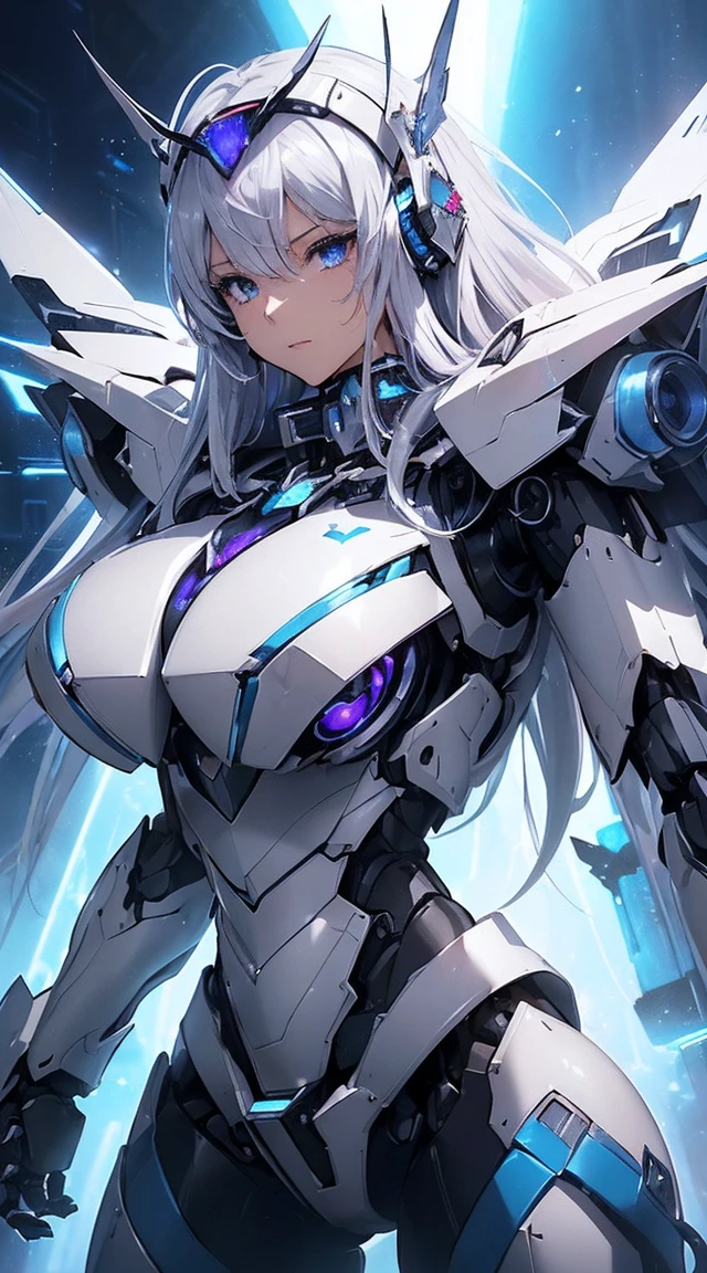 ((Extreme close up:1.6))、(((Lenses shining on both breasts:1.3)))、((Blue pillars of light radiate from both of his chests..:1.3))、break、(((Dynamic pose:1.8)))、smile、((8K)), ((32k)), ((Highest quality)), ((masterpiece)), ((超A high resolution)), ((Tmasterpiece)), ((Halation:1.4))、((Mechaニカルheadgear:1.2))、((Cyber Headphones:1.3))Fine skin, High quality fabric, High-quality metal texture、((Beautiful and dense face))、RAW Photos、Professional, Ultra-fine painting, ((alone)), Beautiful breasts、Highest quality, Very detailed, Very detailed詳細, Finer details, so beautiful, ((Princess Knight Robot:1.2)), (Joint of the machine, Mechanical Limbs:1.3), (The internal structure of the machine is exposed:1.3), (Long silver hair:1.1), (Beautiful and huge mechanical breasts)、White Veil, cowboy_shot, Side Focus, headgear, Shiny、(Five Fingers, Four fingers and thumb),Concept Art, Anime fantasy artwork, Detailed fantasy art, (with pale blue-violet hair and large white wings,,,,,,,,), (((Long silver hair))), (Mecha:1.6)、Sleek and intimidating design, ((Commander-in-Chief'arm)), (Perfect robot body)、純白と青紫のarmまたは, Symmetrical wings, 8K High Resolution, Detailed Art, 3D rendering of character art in 8K, neat legs, Defined, Defined fingers,((headshot:1.3))