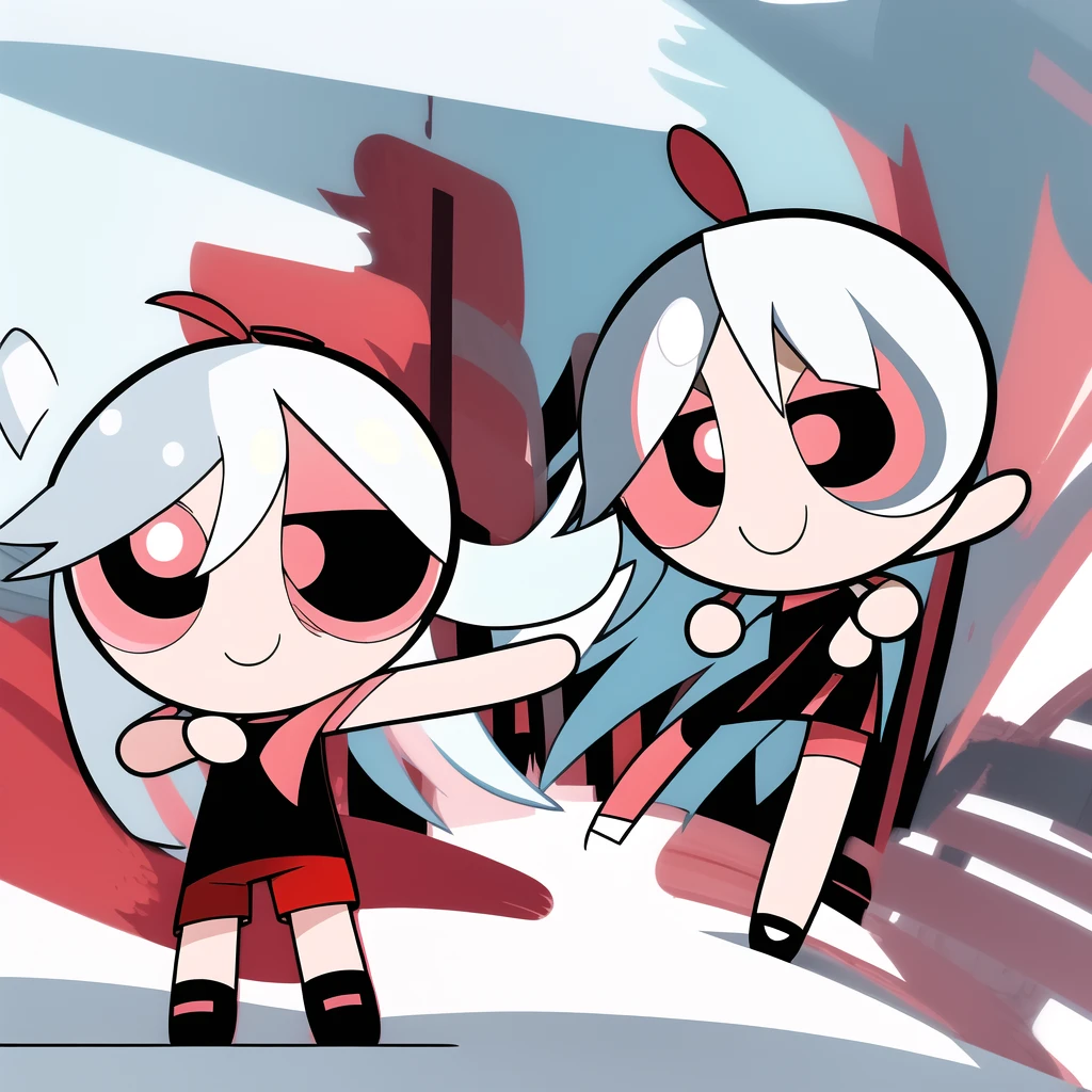 smile,chibi, full body, 1girl, white hair, red eyes, black short sleeve shirt, black shorts,