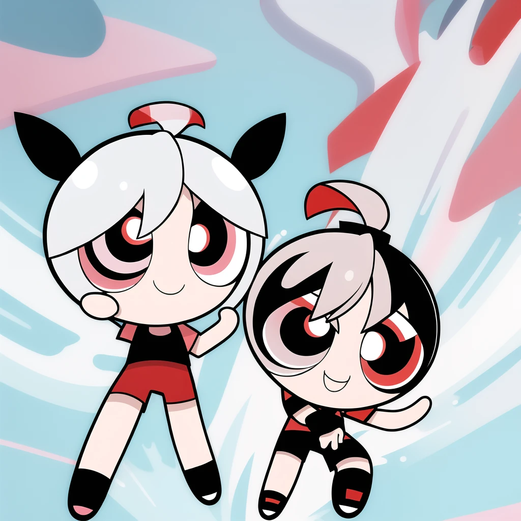 smile,chibi, full body, 1girl, white hair, red eyes, black short sleeve shirt, black shorts,