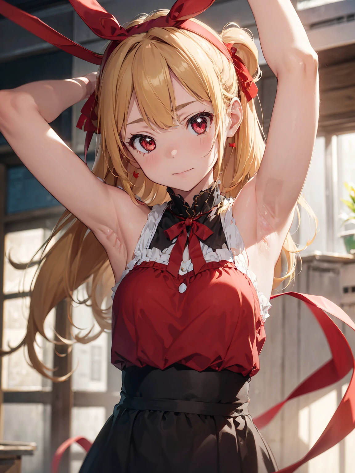 (red ribbon on hairband:1.2),(masterpiece, best quality, highres),BlondeHAIR,A girl whose armpits smell bad。looking at armpit。An angle that looks like you're looking up from below.。very cute round face。embarrassed